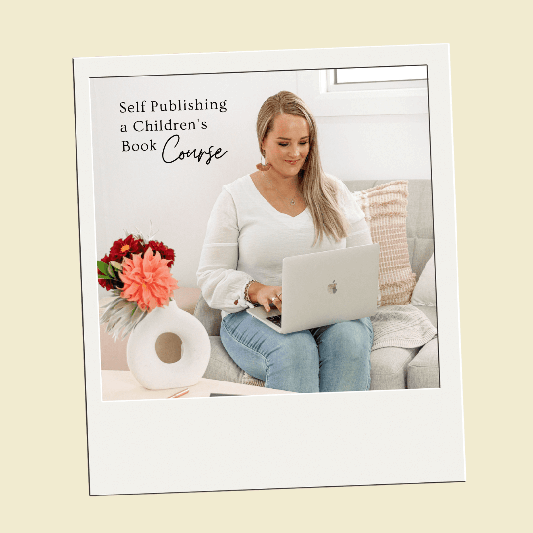 Woman using a laptop on a couch with text about self-publishing a children's book course.